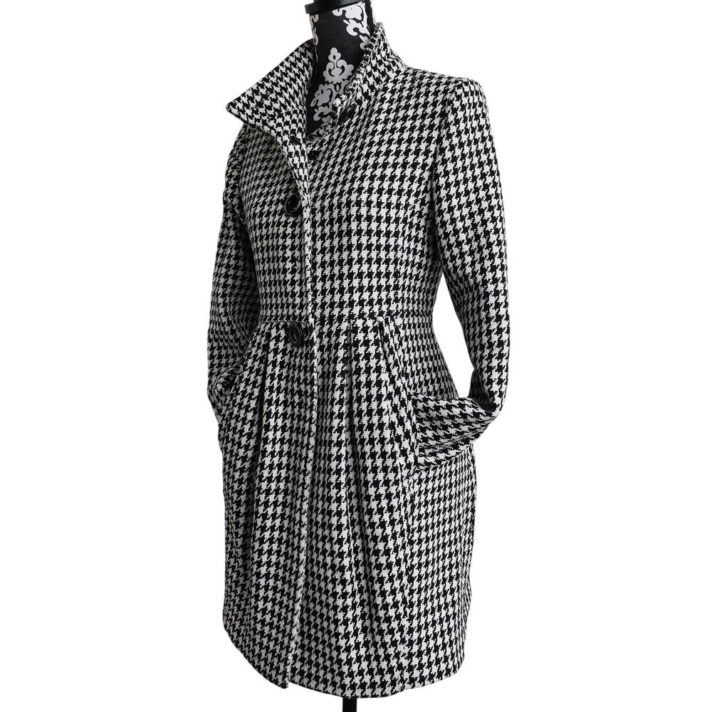 Classic Preppy Houndstooth Wool Blend Pleated Peplum Button Up Peacoat - M - Picture 10 of 13
